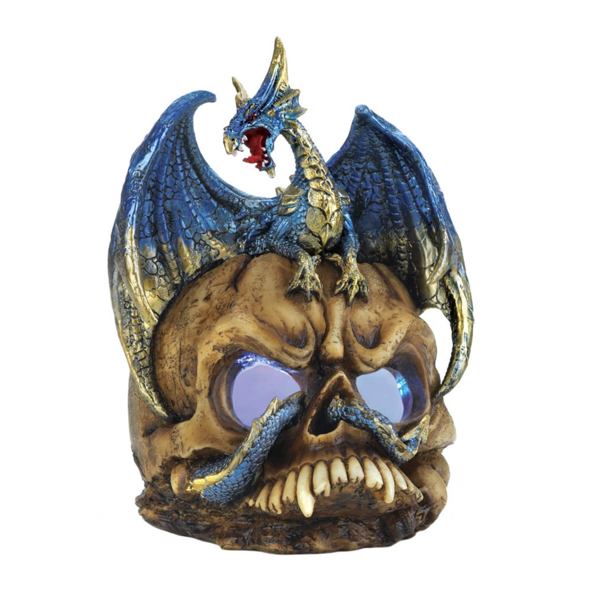 7" Blue Dragon Atop Light-Up LED Skull Statue